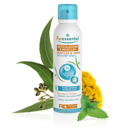 A Puressentiel Muscles & Joints Cryo Pure Spray, featuring 14 essential oils designed to provide intense cold to soothe sensitive areas.