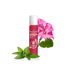 Puressentiel Anti-Pique anti-sting roll-on with pink flowers and mint leaves.