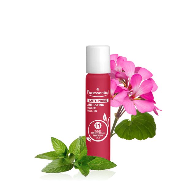 Puressentiel Anti-Pique anti-sting roll-on with pink flowers and mint leaves.