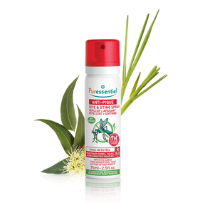 Puressentiel Anti-Pique bite and sting spray with botanical eucalyptus and lemongrass.