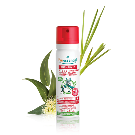 Puressentiel Anti-Pique bite and sting spray with botanical eucalyptus and lemongrass.