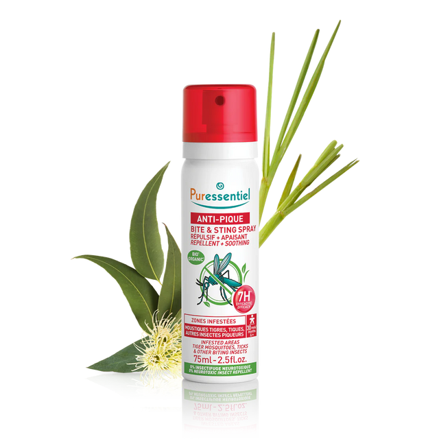 Puressentiel Anti-Pique bite and sting spray with botanical eucalyptus and lemongrass.