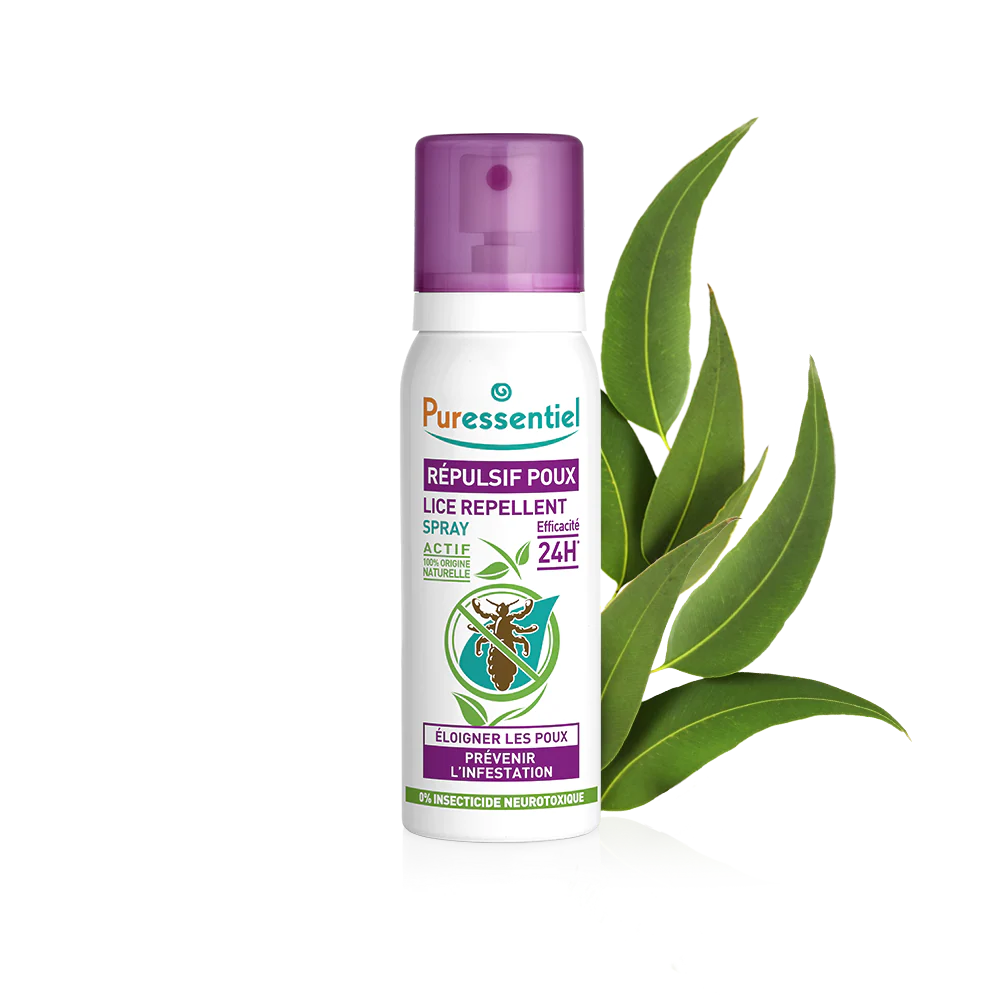 Puressentiel lice repellent spray with purple cap and botanical eucalyptus leaves.