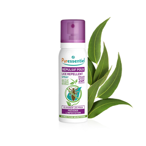 Puressentiel lice repellent spray with purple cap and botanical eucalyptus leaves.