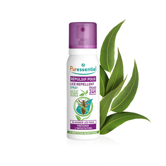 Puressentiel lice repellent spray with purple cap and botanical eucalyptus leaves.