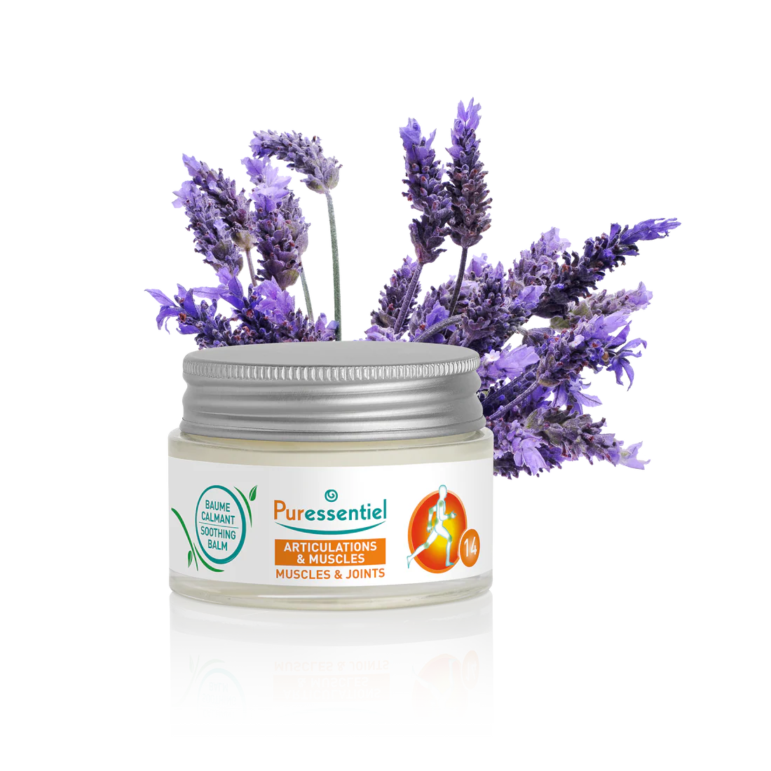 Puressentiel muscles and joints soothing balm jar with sprigs of lavender.