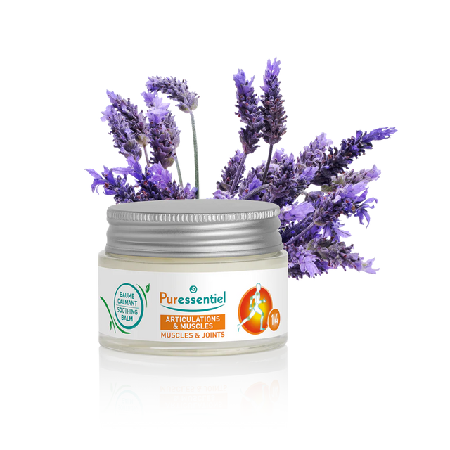 Puressentiel muscles and joints soothing balm jar with sprigs of lavender.