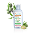 Puressentiel purifying antibacterial gel for sensitive skins with green almonds and leaves.