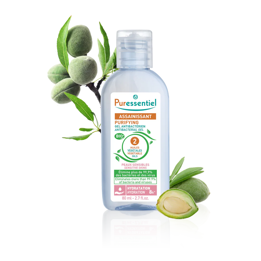 Puressentiel purifying antibacterial gel for sensitive skins with green almonds and leaves.