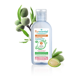 Puressentiel purifying antibacterial gel for sensitive skins with green almonds and leaves.