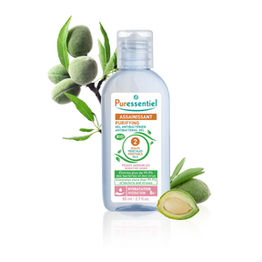 Puressentiel purifying antibacterial gel for sensitive skins with green almonds and leaves.