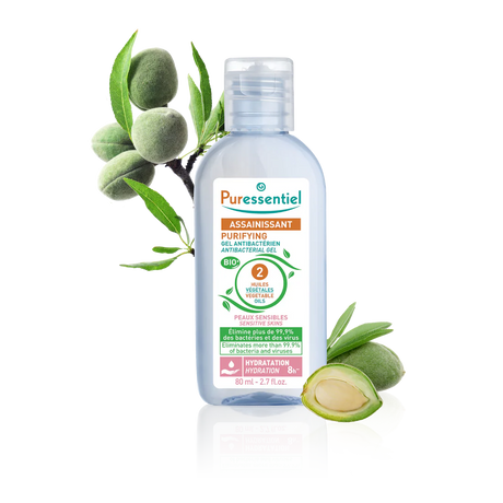 Puressentiel purifying antibacterial gel for sensitive skins with green almonds and leaves.