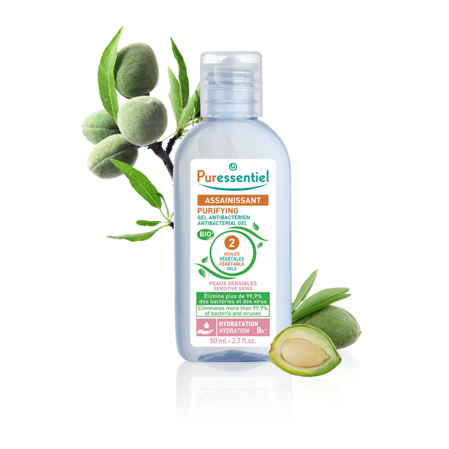 Puressentiel purifying antibacterial gel for sensitive skins with green almonds and leaves.