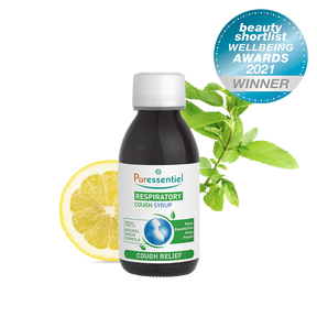 Puressentiel Respiratory Cough Syrup bottle with lemon, mint, and award seal.