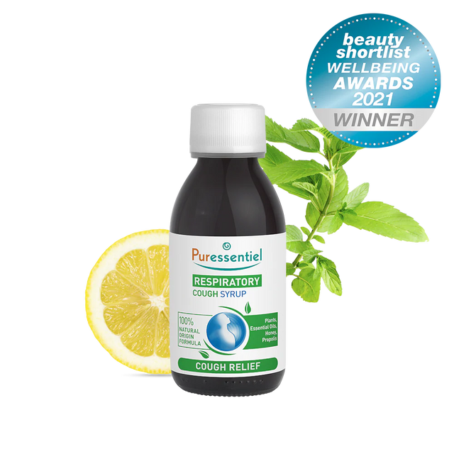 Puressentiel Respiratory Cough Syrup bottle with lemon, mint, and award seal.
