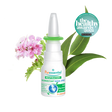 Puressentiel Resp OK decongestant nasal spray with eucalyptus leaves, a small purple flower, and water splashes.