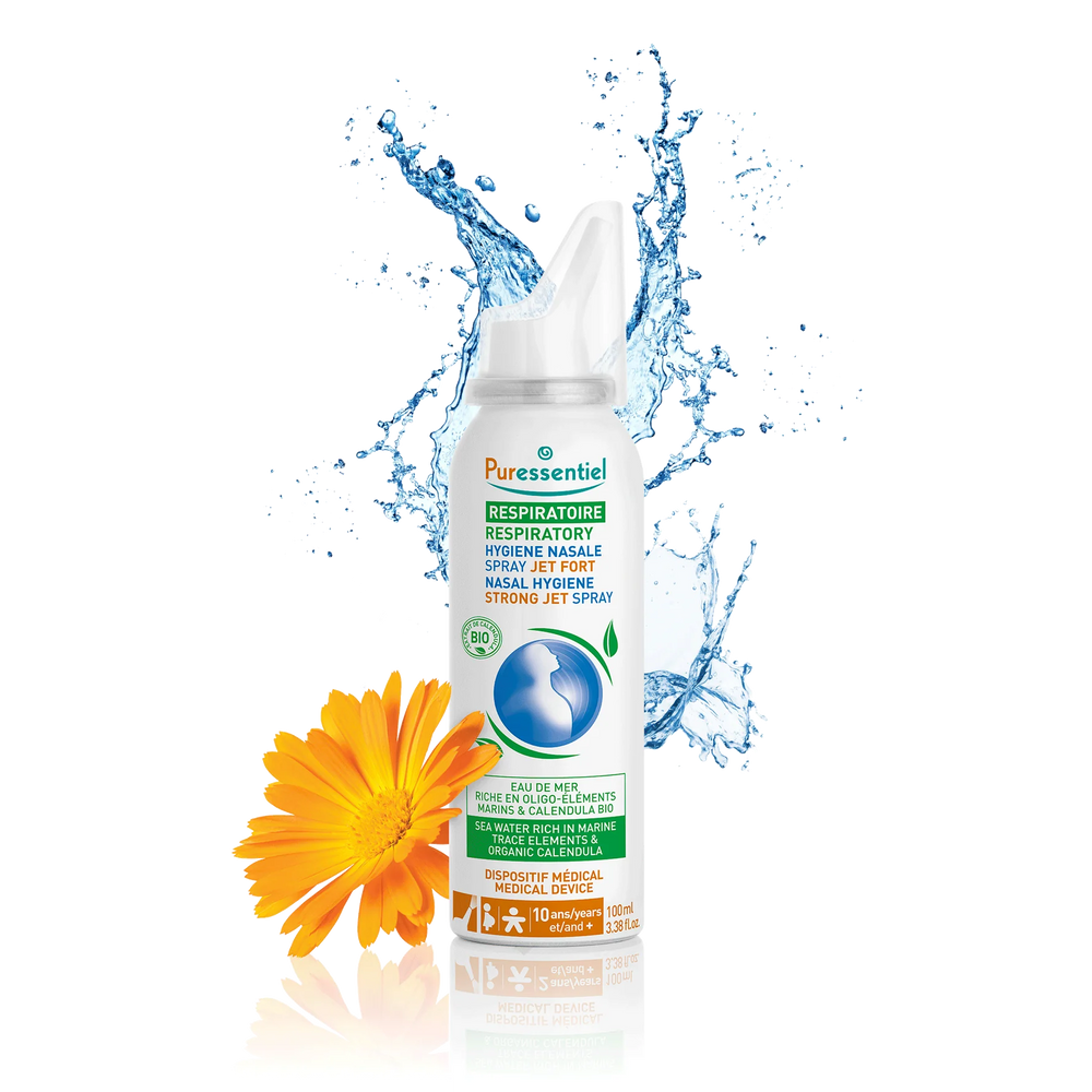 Puressentiel respiratory nasal hygiene strong jet spray with an orange flower and water splashes.