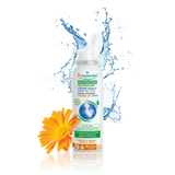 Puressentiel respiratory nasal hygiene strong jet spray with an orange flower and water splashes.