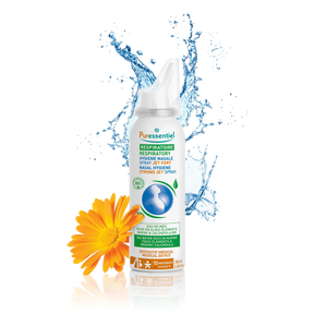 Puressentiel respiratory nasal hygiene strong jet spray with an orange flower and water splashes.
