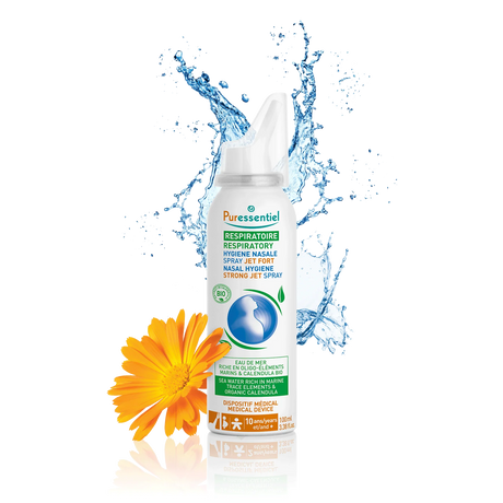 Puressentiel respiratory nasal hygiene strong jet spray with an orange flower and water splashes.