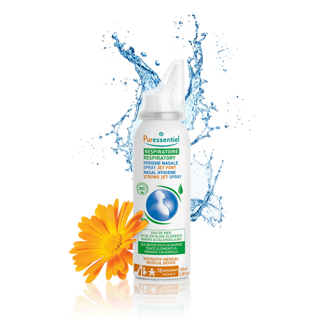Puressentiel respiratory nasal hygiene strong jet spray with an orange flower and water splashes.