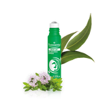 Puressentiel Resp OK sinus express roller with eucalyptus leaves and small purple flowers.