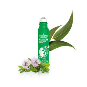 Puressentiel Resp OK sinus express roller with eucalyptus leaves and small purple flowers.