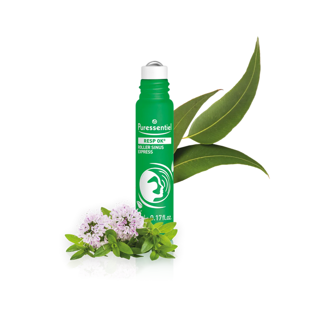 Puressentiel Resp OK sinus express roller with eucalyptus leaves and small purple flowers.