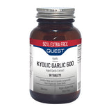 A bottle of Quest Kyolic Garlic 600, containing 90 tablets of aged garlic extract. The label indicates the product is odourless, vegan, gluten-free, and dairy-free, and contains water and oil-soluble compounds from organically grown garlic. The packaging also highlights a "50% extra free" offer.