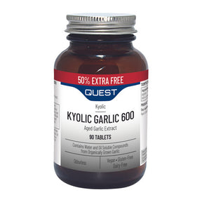 A bottle of Quest Kyolic Garlic 600, containing 90 tablets of aged garlic extract. The label indicates the product is odourless, vegan, gluten-free, and dairy-free, and contains water and oil-soluble compounds from organically grown garlic. The packaging also highlights a "50% extra free" offer.