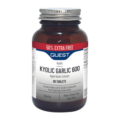 A bottle of Quest Kyolic Garlic 600, containing 90 tablets of aged garlic extract. The label indicates the product is odourless, vegan, gluten-free, and dairy-free, and contains water and oil-soluble compounds from organically grown garlic. The packaging also highlights a "50% extra free" offer.