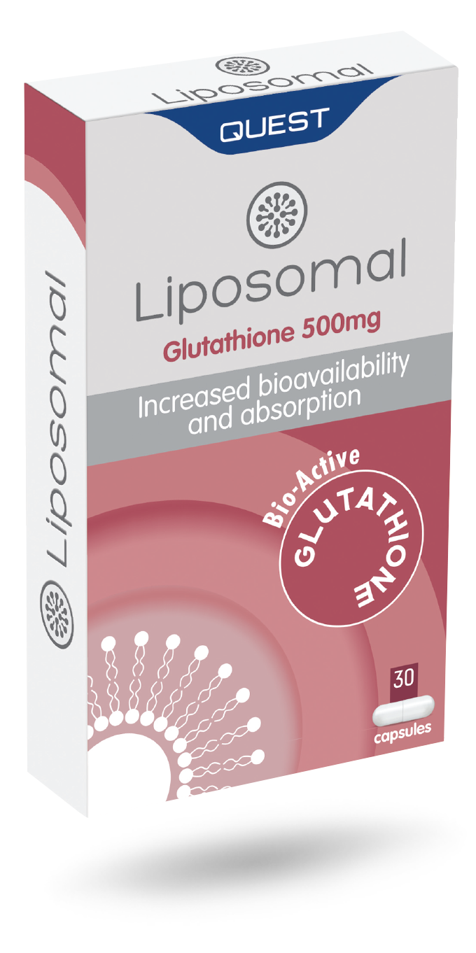 Box of Liposomal Glutathione 500mg capsules with Quest branding on a white background