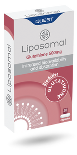 Box of Liposomal Glutathione 500mg capsules with Quest branding on a white background