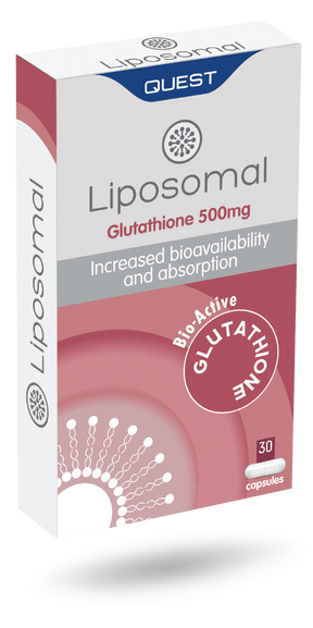 Box of Liposomal Glutathione 500mg capsules with Quest branding on a white background
