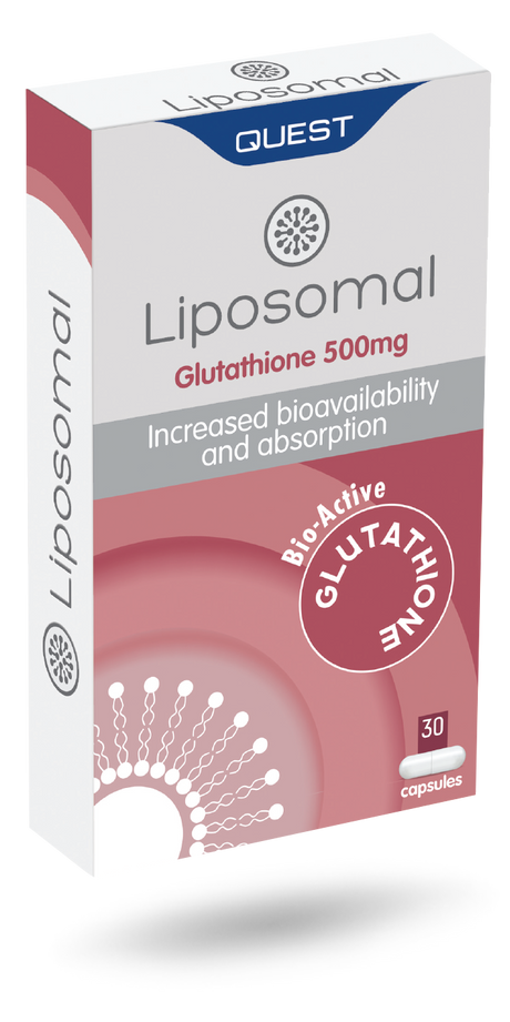 Box of Liposomal Glutathione 500mg capsules with Quest branding on a white background