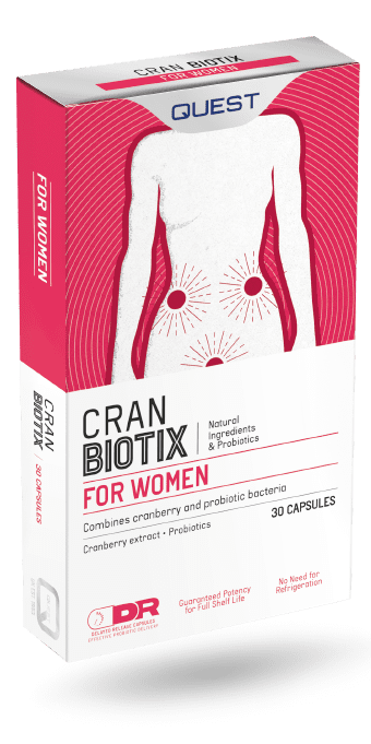Quest CranBiotix for Women probiotic and cranberry extract 30 capsules supplement box.