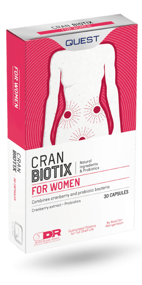 Quest CranBiotix for Women probiotic and cranberry extract 30 capsules supplement box.
