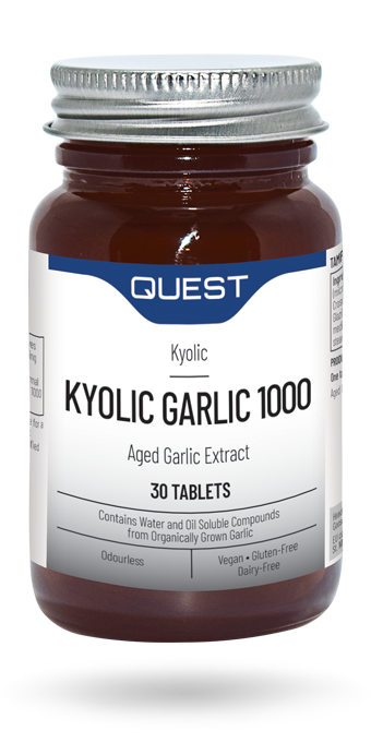 Amber glass bottle of Quest Kyolic Garlic 1000 tablets with silver cap.