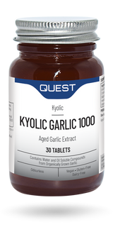 Amber glass bottle of Quest Kyolic Garlic 1000 tablets with silver cap.