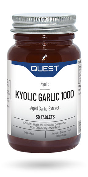Amber glass bottle of Quest Kyolic Garlic 1000 tablets with silver cap.