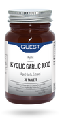 Amber glass bottle of Quest Kyolic Garlic 1000 tablets with silver cap.