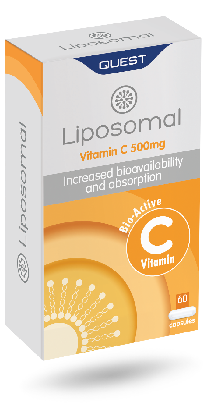 White and orange box of Quest Liposomal Vitamin C 500mg capsules.