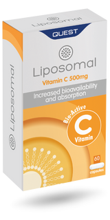 White and orange box of Quest Liposomal Vitamin C 500mg capsules.