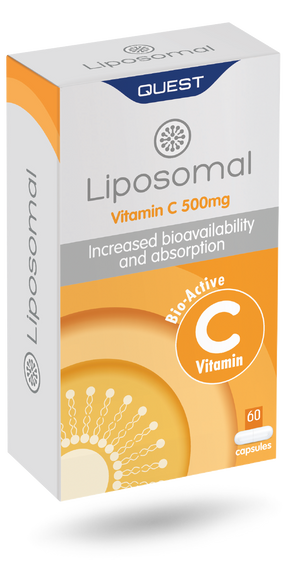 White and orange box of Quest Liposomal Vitamin C 500mg capsules.