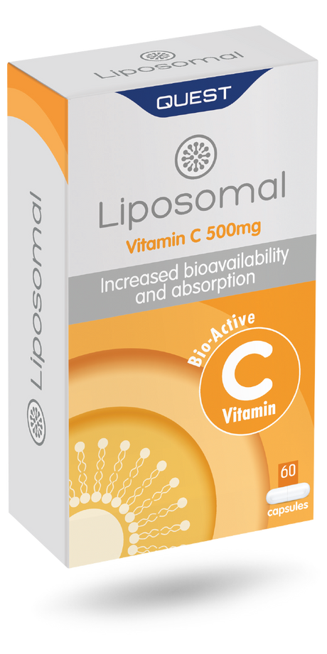 White and orange box of Quest Liposomal Vitamin C 500mg capsules.