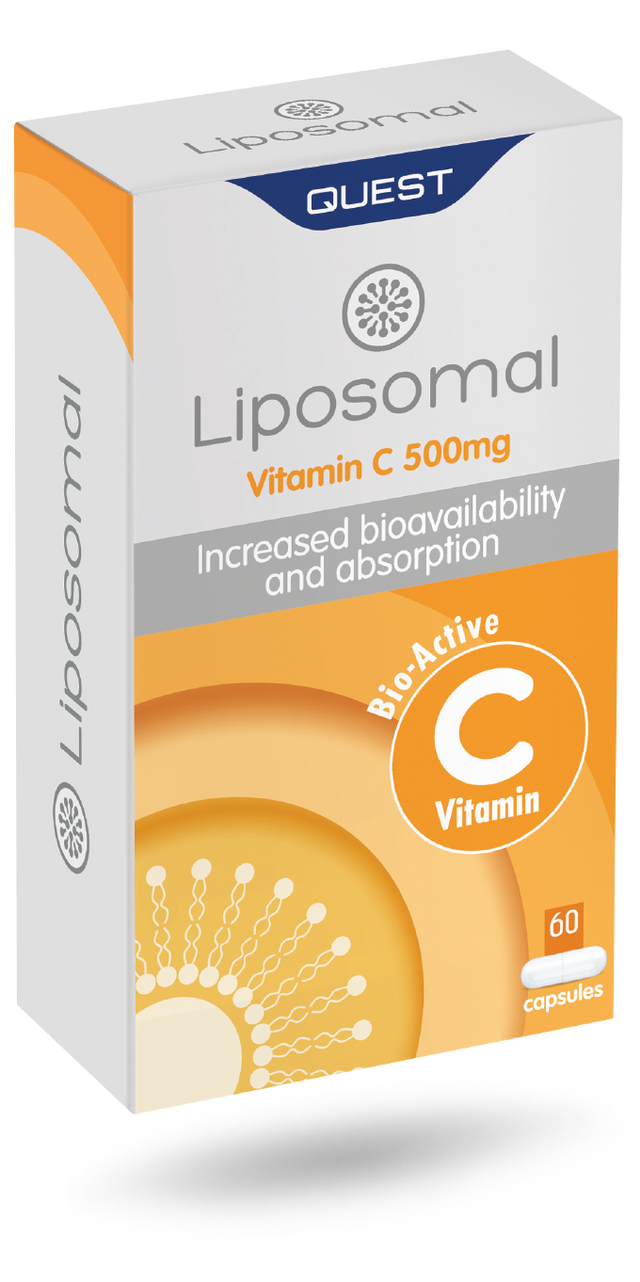 White and orange box of Quest Liposomal Vitamin C 500mg capsules.