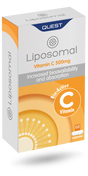 White and orange box of Quest Liposomal Vitamin C 500mg capsules.