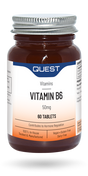 Amber glass bottle of Quest Vitamin B6 50mg tablets with silver cap.