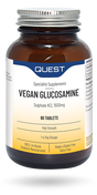 Amber glass bottle of Quest Vegan Glucosamine specialist supplement featuring a silver screw cap and blue label.