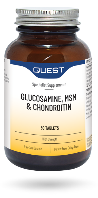 Professional bottle of Quest Glucosamine, MSM, and Chondroitin tablets.